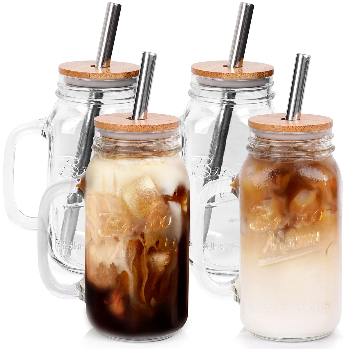 ANOTION Mason Jar with Lid and Straw, 24 oz Regular Mouth Mason Jars with Handle Drinking Glasses Tumbler Reusable Cups Smoothie Water Bottles for Iced Coffee Classic