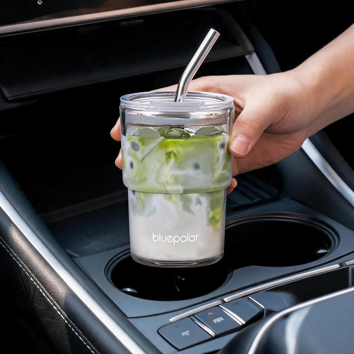 BLUEPOLAR 13oz/400ml Iced Coffee Cups with Lids and Straw，Sealed Carry On Thick Wall Glass Matcha Tumbler for Juice，Water, Late,Tea Fits Car Cup Holders for Office，Gym(Aurora White