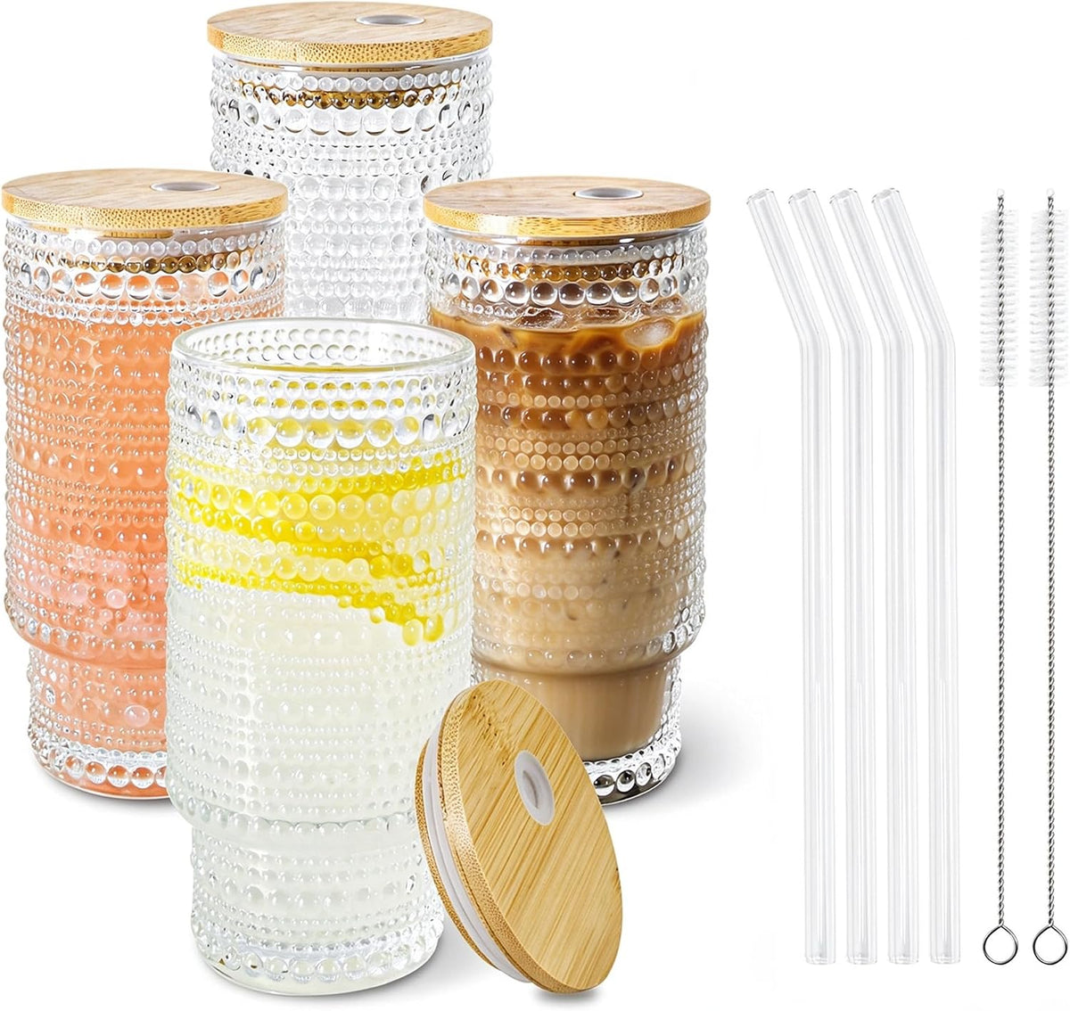 Hobnail Glass Cups with Lids and Straws 16 oz Drinking Glasses