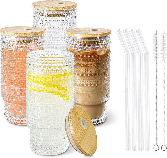 Hobnail Glass Cups with Lids and Straws 16 oz Drinking Glasses