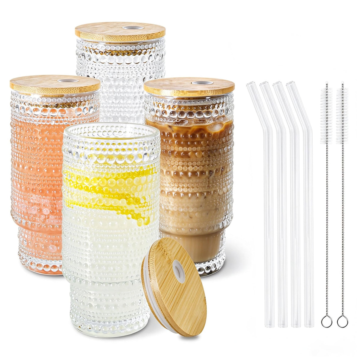 Hobnail Glass Cups with Lids and Straws 16 oz Drinking Glasses