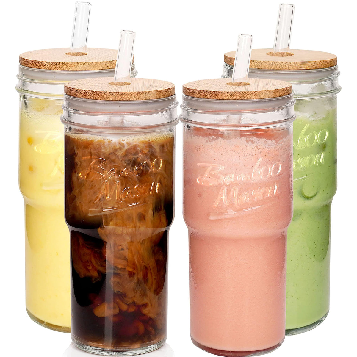 ANOTION Glass Cups With Lids And Straws, Leakproof Tumbler 24oz Mason Jar Coffee Cup, Cap Cup Leak-Proof with Straw, Reusable Iced Coffee Smoothie Matcha Cup Aesthetic Coffee Gifts Women 2pc