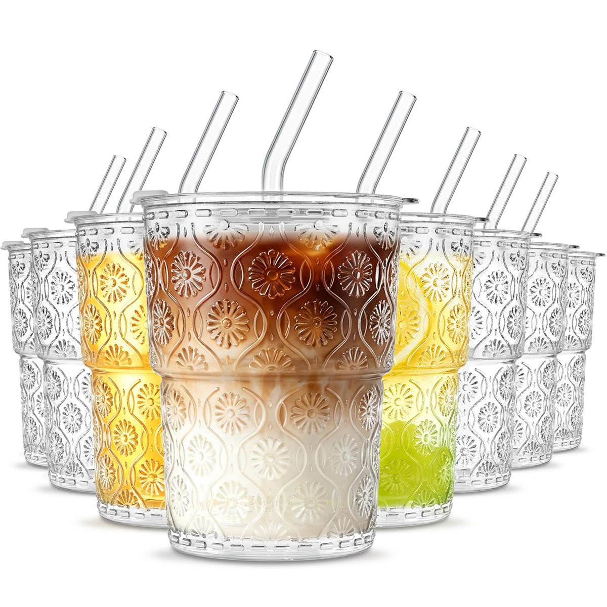INSETLAN 20 oz Iced Coffee Cups with Lids and Straw, Set of 4 Glass Tumbler
