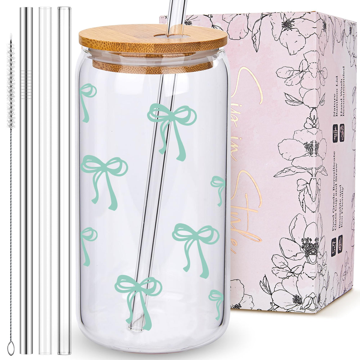Coquette Cute Pink Bow Glass Cups with Lids and Straws, Aesthetic Iced Coffee Matcha Cup, Girly Preppy Design Tumbler Mug, Valentines Christmas Birthday Gifts for Women, Teen Girl Gifts Trendy Stuff