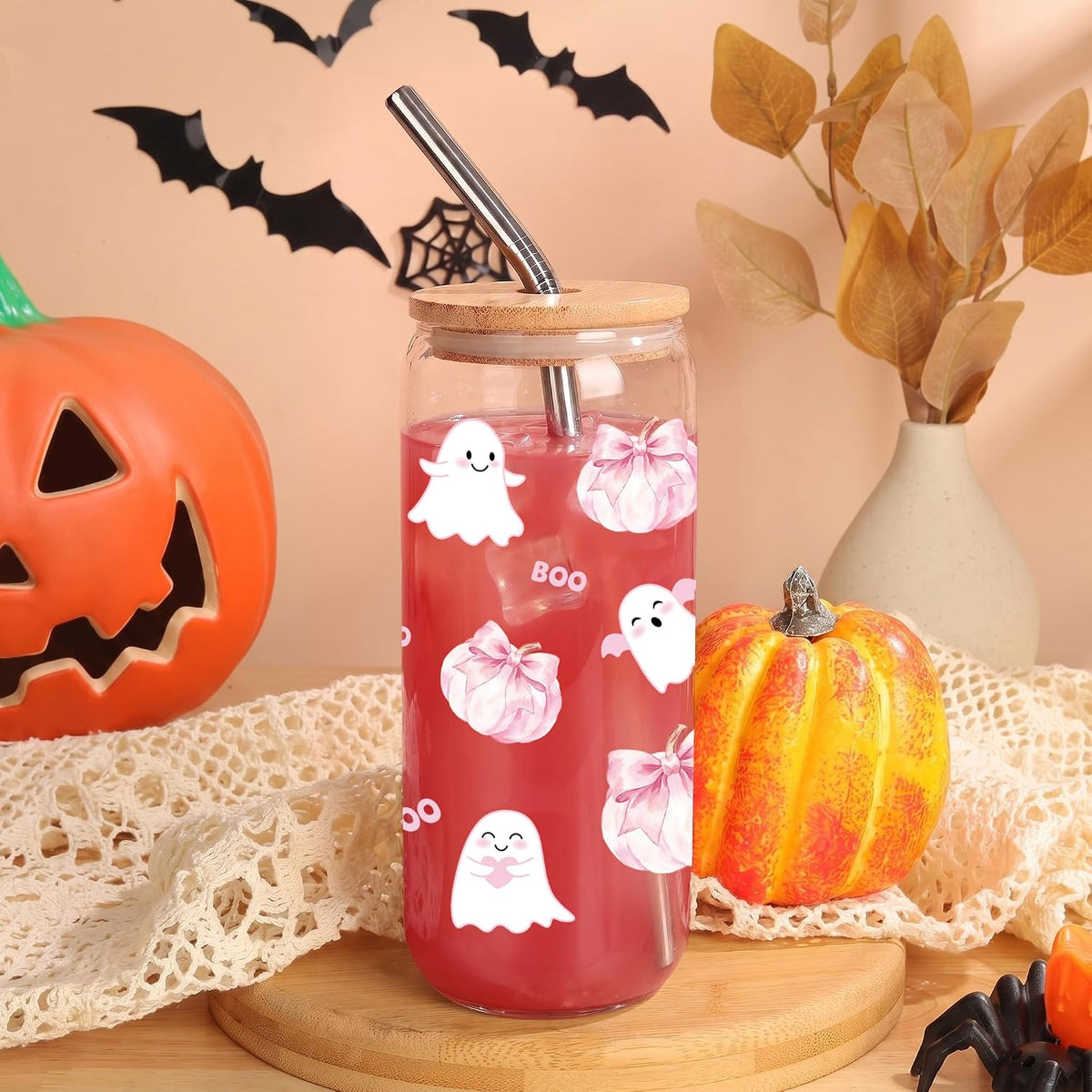Joeyan Pink Halloween Glass Cups, Glass Tumbler with Lids and Straws, Cute Ghost Pumpkin Iced Coffee Cup, Reusable Soda Can Shaped Smoothie Drinking Glass, Halloween Gifts for Women, 20 oz