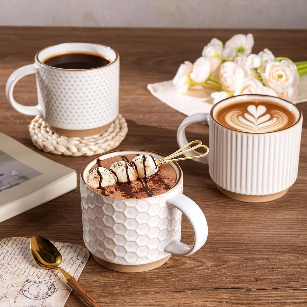 GBhome 15 OZ Stackable Coffee Mugs Set of 4, Ceramic Coffee Cups Set