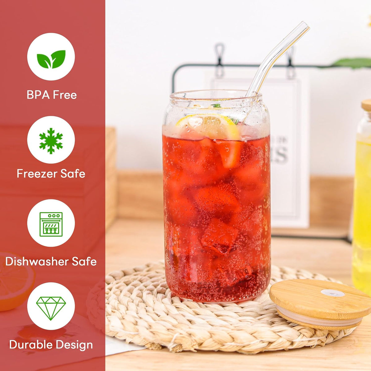 Joyclub 8pcs 16Oz Glass Cups with Bamboo Lids and Straws Drinking Glasses