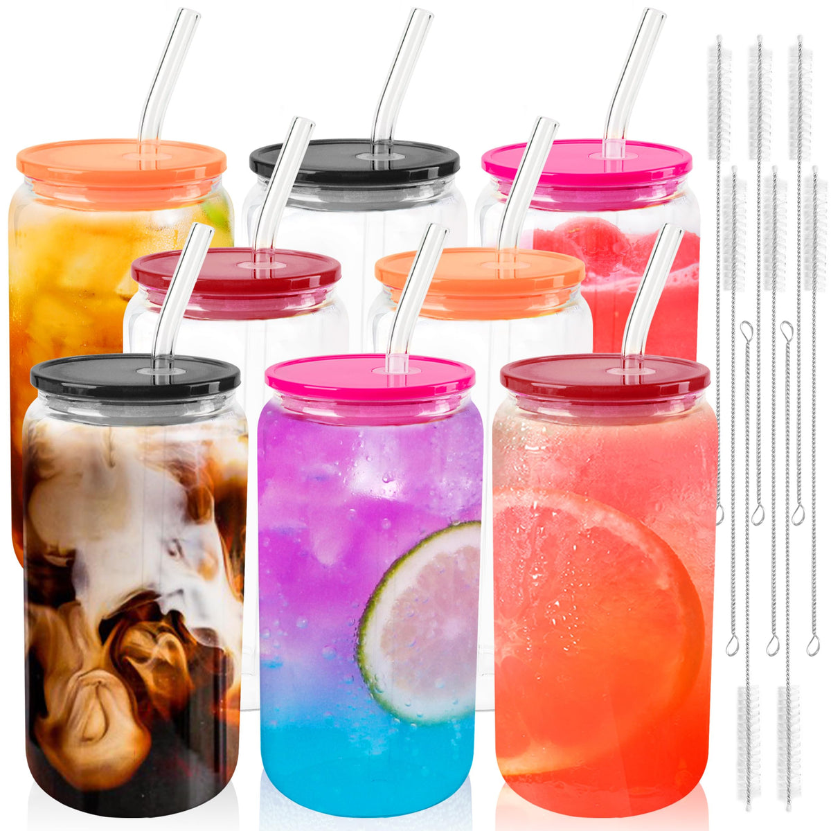 Joyclub 8pcs 16Oz Glass Cups with Acryic Lids and Straws Drinking Glasses