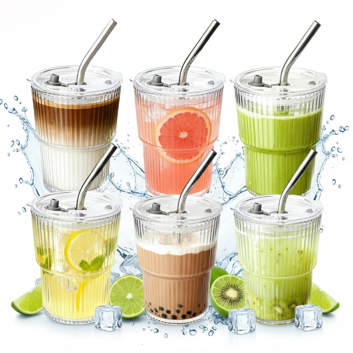 4 Packs Ribbed Glass Tumbler with Lid and Straw 13 oz Cute Ice Coffee Cup Set for Smoothie Juice Matcha Tea Latte Cappuccino Espresso Hot Coffe Water Reusable Clear Travel Boba Aesthetic Drinking Mug