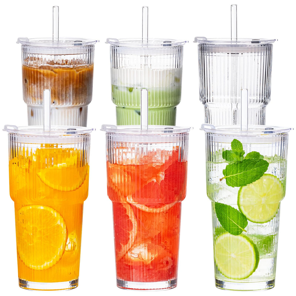 20oz Iced Coffee Cups with Lids, Glass Coffee Cups with Lids and Straws, 2P