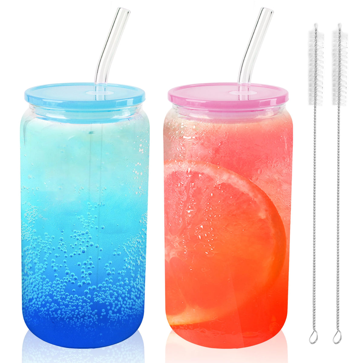 Joyclub 8pcs 16Oz Glass Cups with Acryic Lids and Straws Drinking Glasses