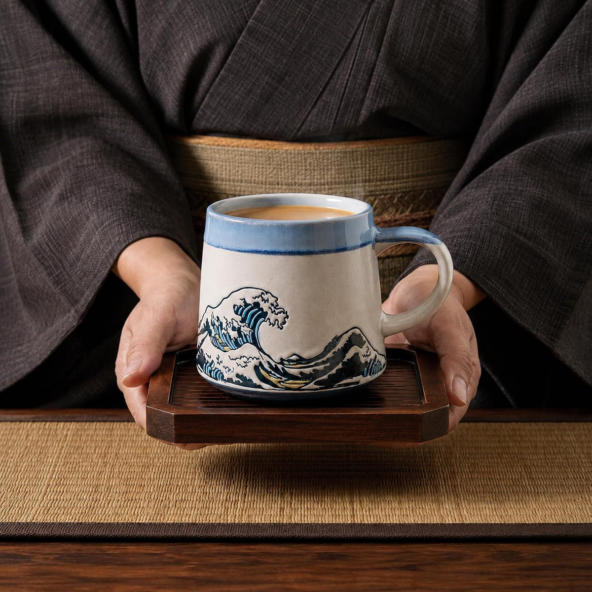 BICETTO Japanese Coffee Mug, Ukiyo-e Great Wave, Handmade 15oz Ceramic Cup