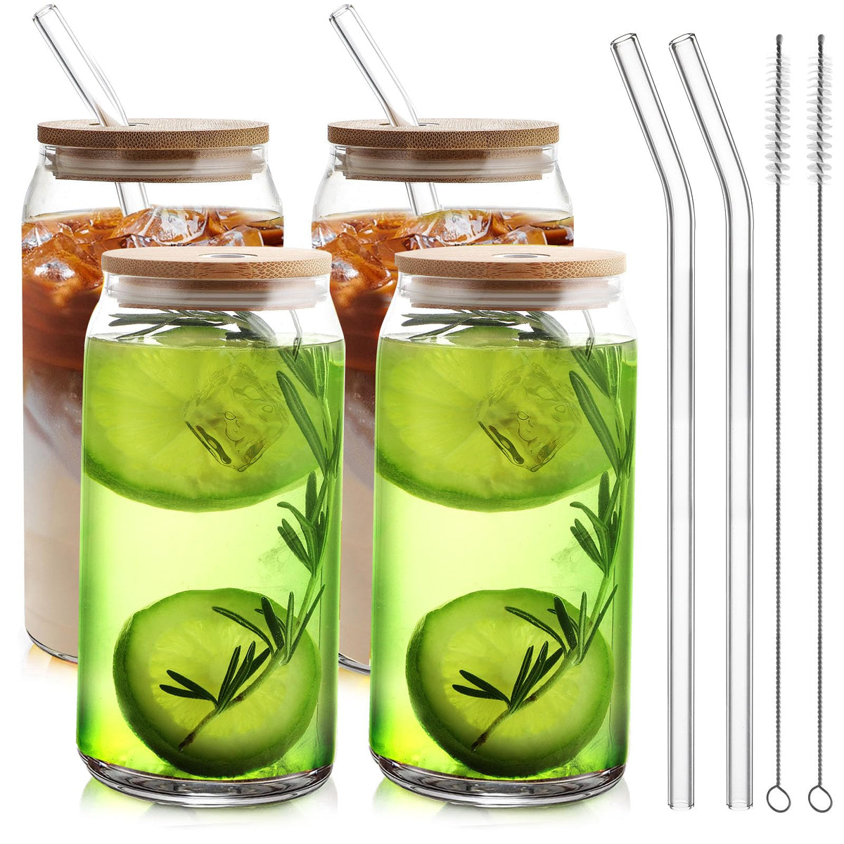8pcs 20oz Glass Cups with Bamboo Lids and Straws，Iced Coffee Cups with Lids
