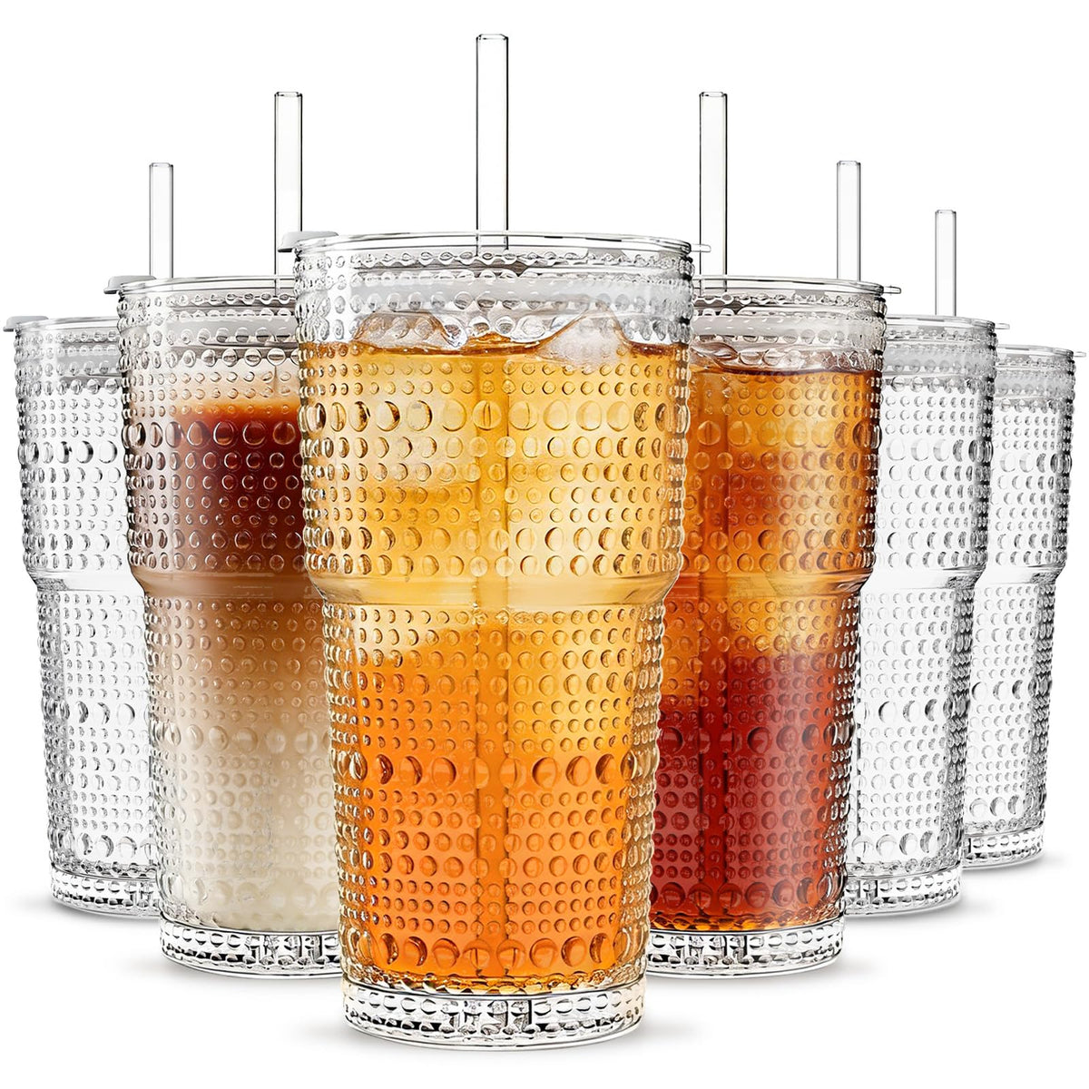 INSETLAN 20 oz Hobnail Glass Cups with Lids and Glass Straws – 4 Pieces, Thick-Walled Glass Tumblers for Iced Coffee, Smoothies, Milk, Water, Juice, and More – Elegant and Durable Drinking Glasses