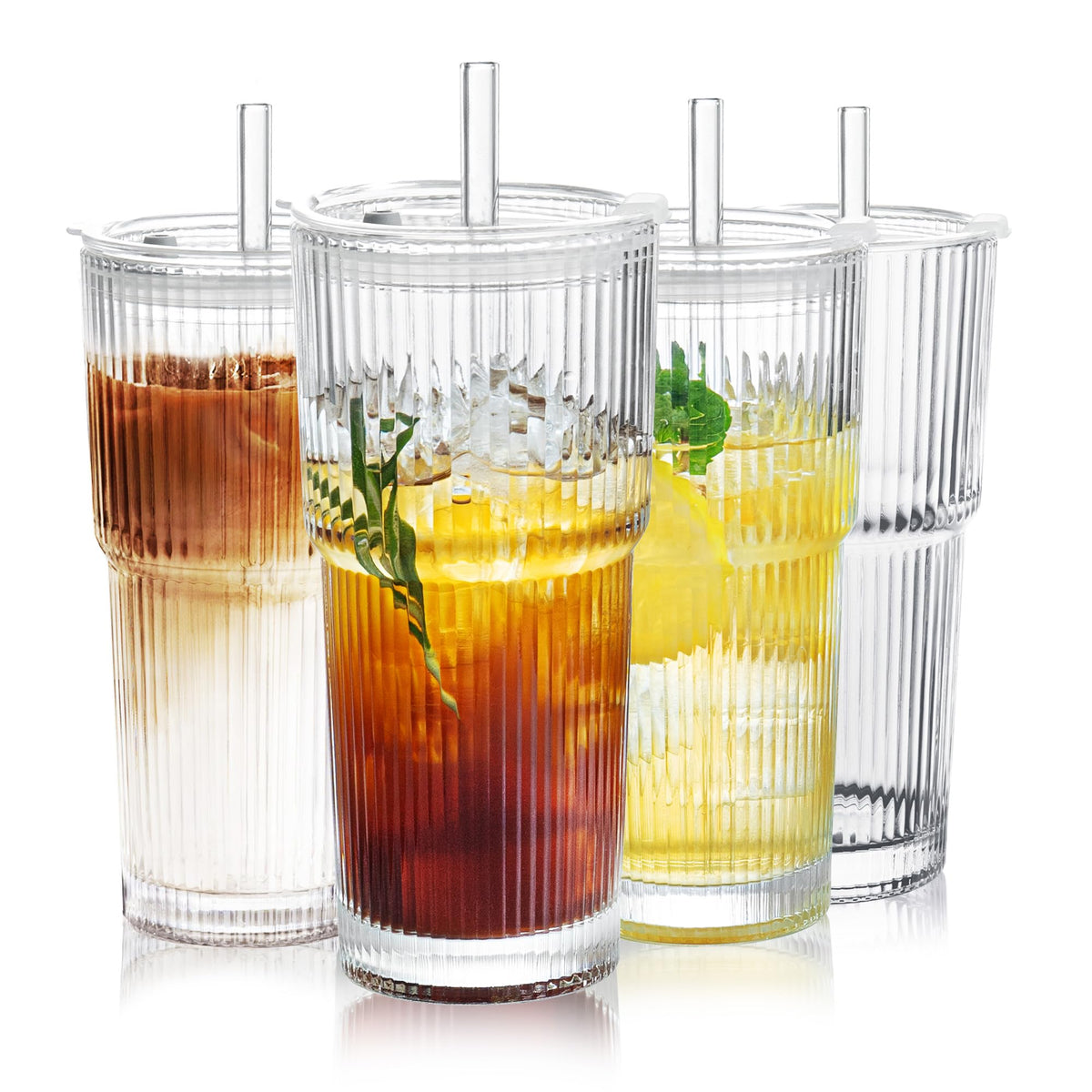 Puraville Glass Cups with Lids and Straws, 20oz, Ribbed Pattern