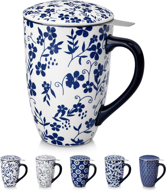vancasso SELENE Porcelain Tea Mug, 18 oz Porcelain Tea Cup with Infuser and Lid Steeps Loose Leaf Tea, Microwave & Dishwasher Safe, Five-Leaf Clover