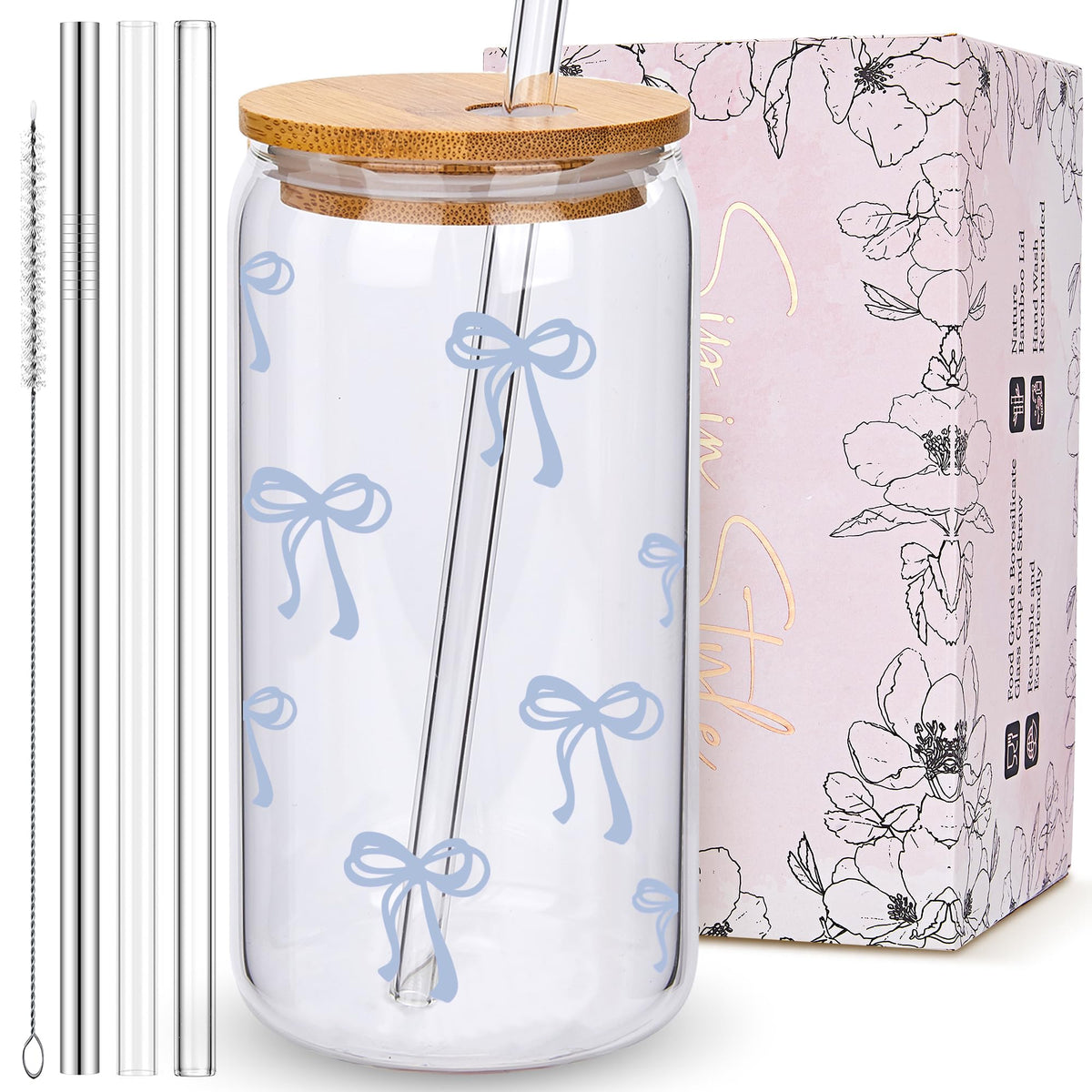Coquette Cute Pink Bow Glass Cups with Lids and Straws, Aesthetic Iced Coffee Matcha Cup, Girly Preppy Design Tumbler Mug, Valentines Christmas Birthday Gifts for Women, Teen Girl Gifts Trendy Stuff