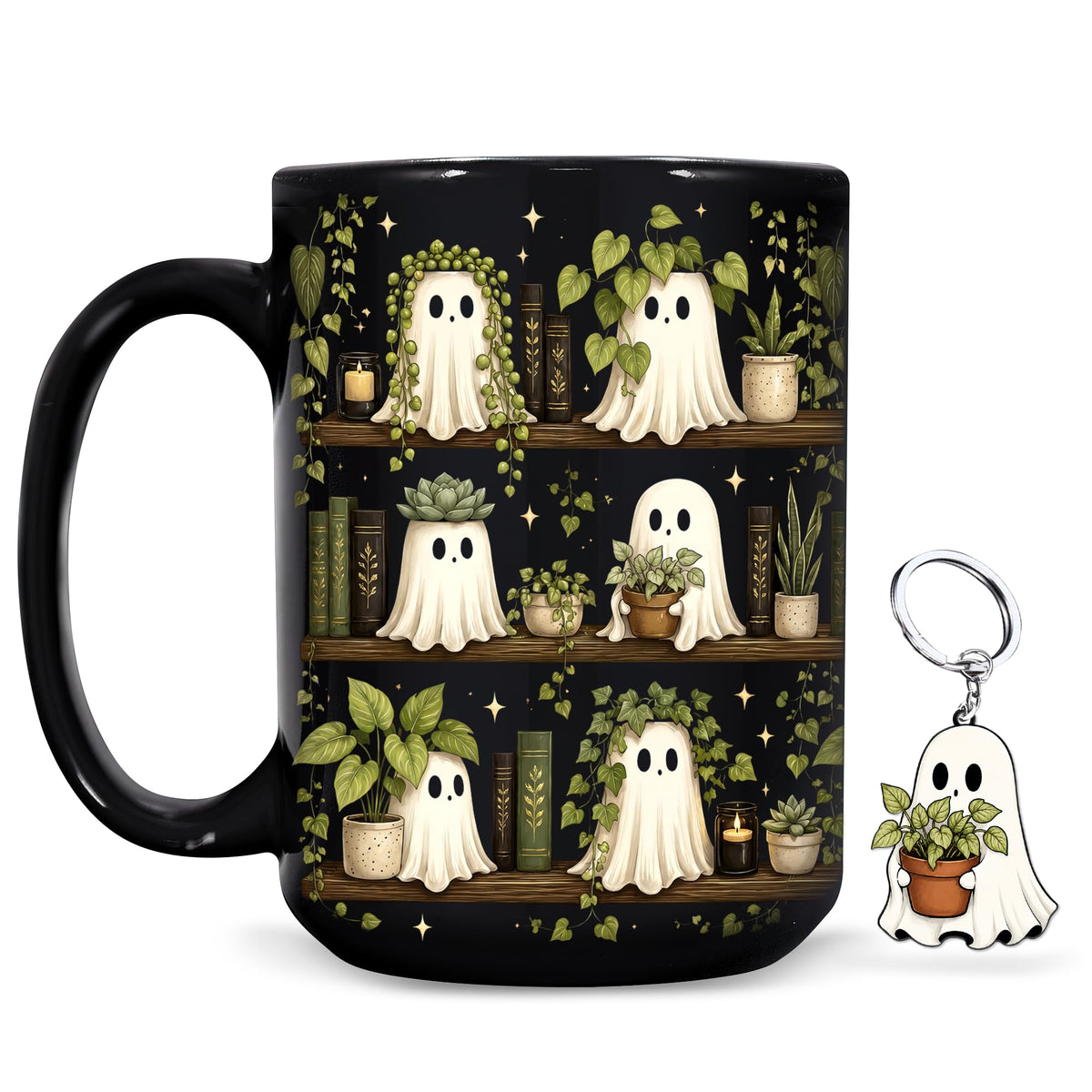 Hyturtle Cute Ghost Read Book Mug - Black Coffee Cup Ceramic Mug 15 Oz And Keychain - Book Gifts For Women Lover - Bookish Gift For Bookworm Librarian - Inspirational Librarian Present For Halloween