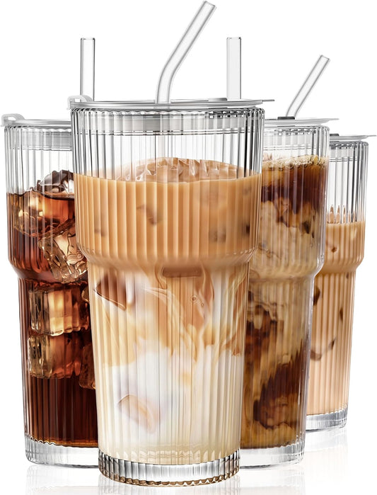 Amyoole 20 oz with Lids and Straws Ribbed Glass Cup Set of 4