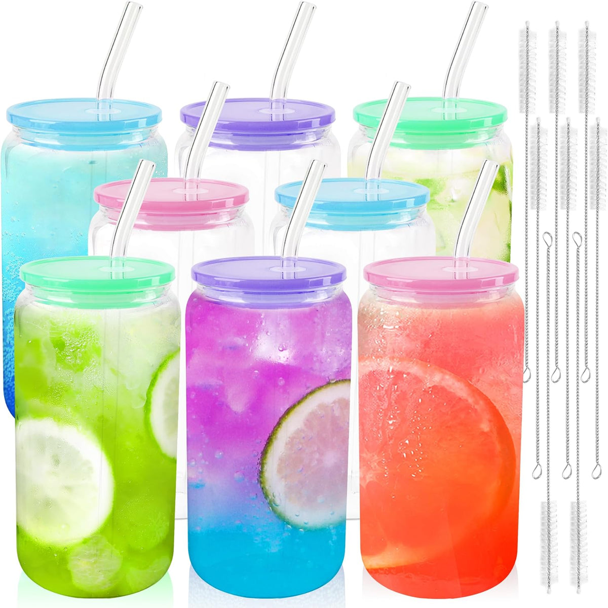 Joyclub 8pcs 16Oz Glass Cups with Acryic Lids and Straws Drinking Glasses
