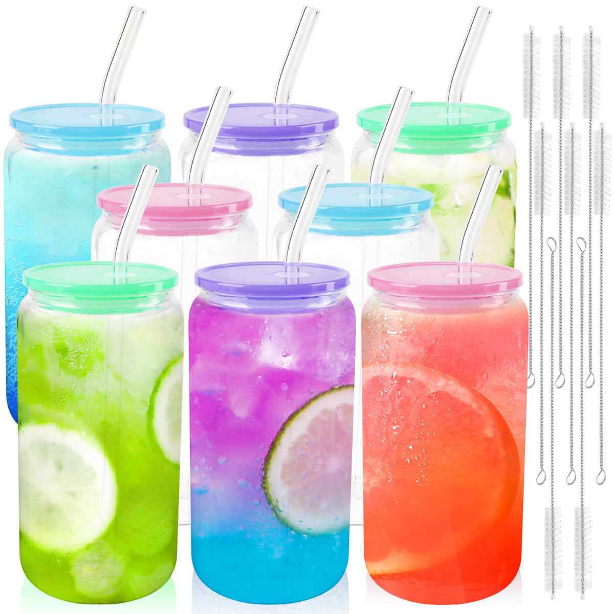 Joyclub 8pcs 16Oz Glass Cups with Acryic Lids and Straws Drinking Glasses