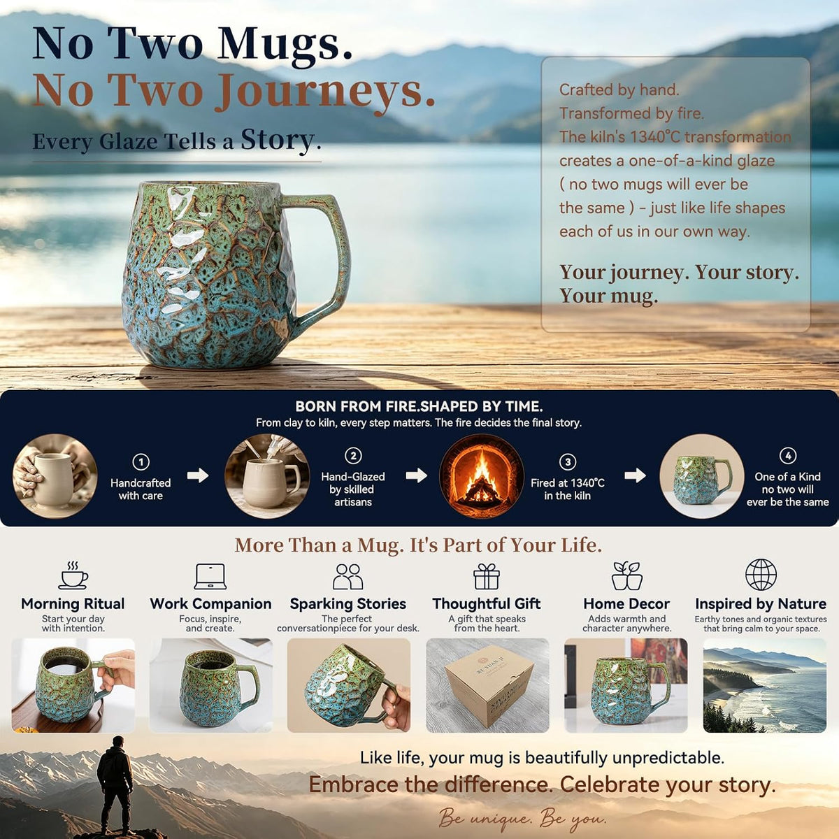 Forest Tide Ceramic Mug, 18oz Reactive Glaze Coffee Mug, Self Care Gift