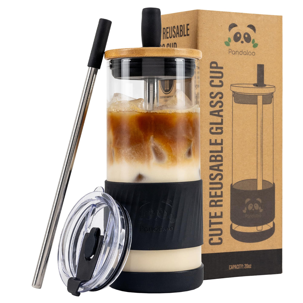 Pandaloo® Glass Cups With Lids and Straws -20 Fl Oz- Perfect Size Iced Coffee Cup - Smoothie Cup With Bamboo Lid and On the go Lid (Creamy Mushroom, 1 Count (Pack of 1)