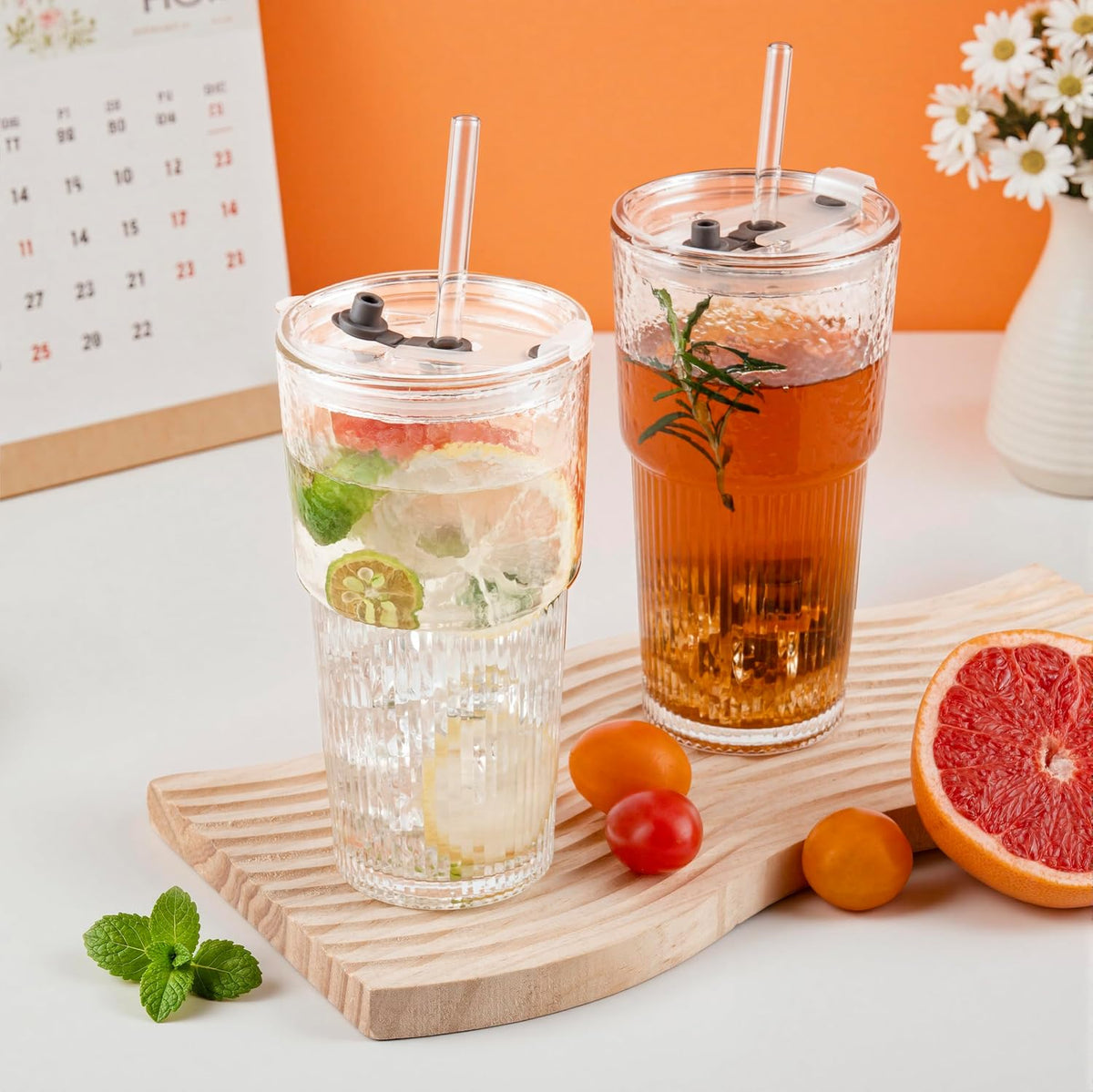 20oz Glass Cups with Lids and Straws: Iced Coffee Tumbler with Lids, Reusable Thick Drinking Ribbed to Go Glasses Matcha Cup for Juice, Smoothies, Cold Beverages with Clean Brush,2 PCS