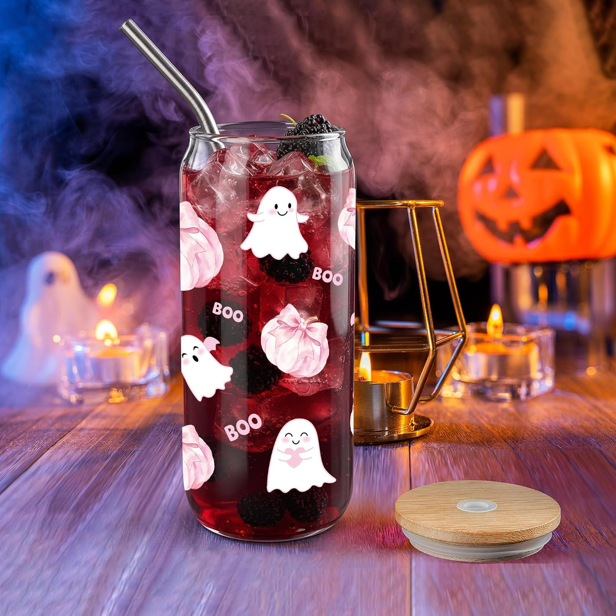 Joeyan Pink Halloween Glass Cups, Glass Tumbler with Lids and Straws, Cute Ghost Pumpkin Iced Coffee Cup, Reusable Soda Can Shaped Smoothie Drinking Glass, Halloween Gifts for Women, 20 oz