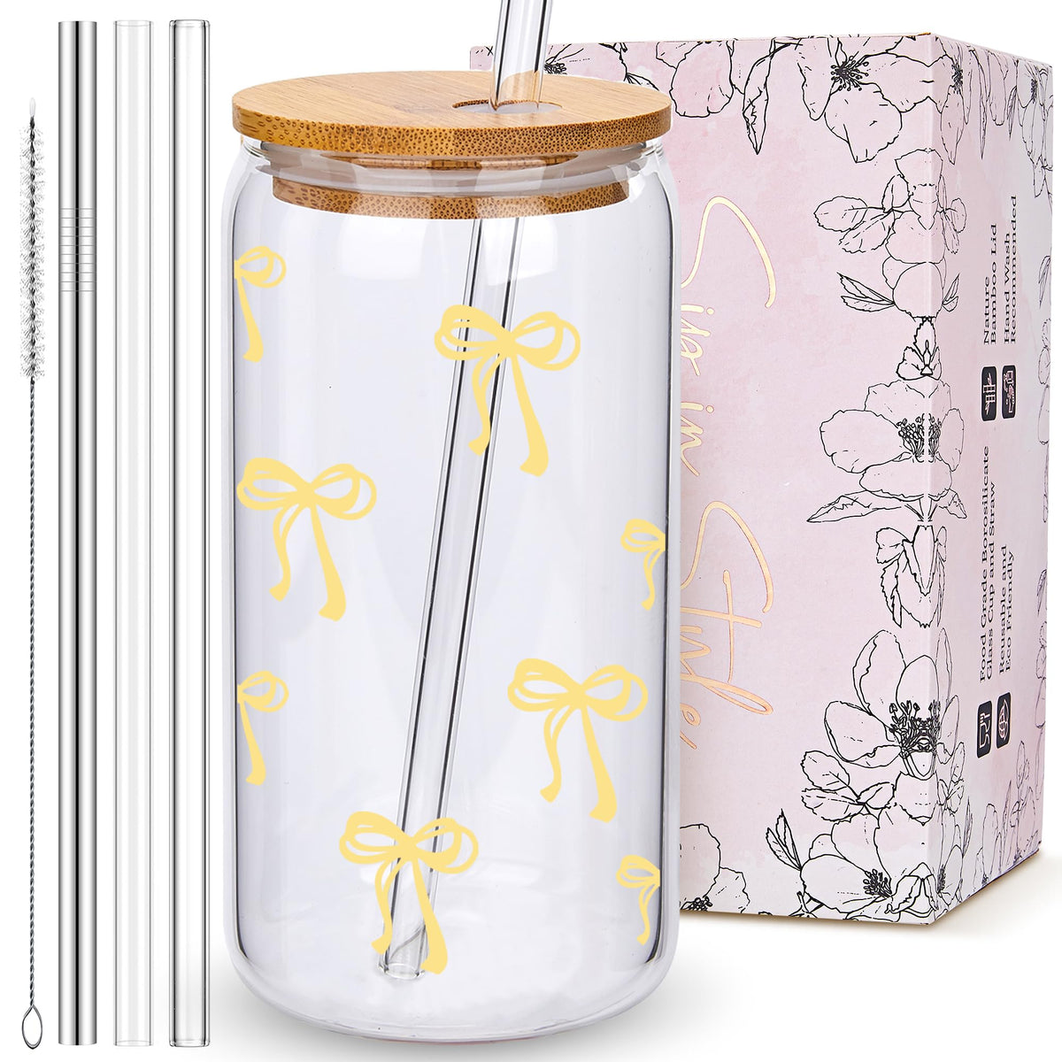 Coquette Cute Pink Bow Glass Cups with Lids and Straws, Aesthetic Iced Coffee Matcha Cup, Girly Preppy Design Tumbler Mug, Valentines Christmas Birthday Gifts for Women, Teen Girl Gifts Trendy Stuff