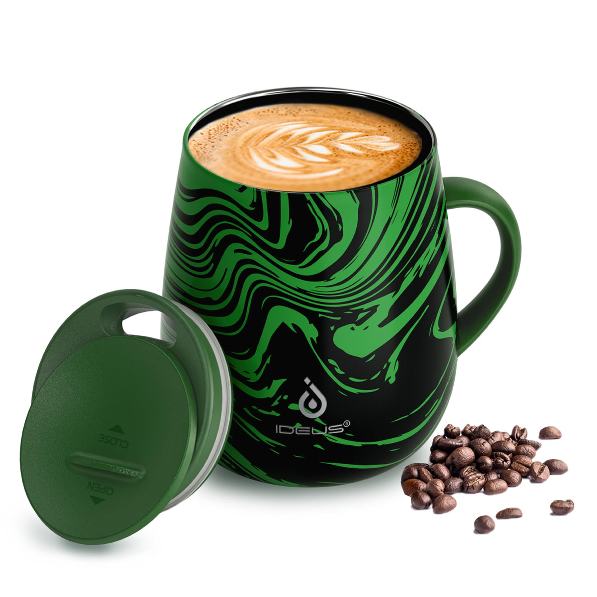 Ideus 16 oz Insulated Coffee Mug with Lid and Handle (Celadon, FUJI DAWN)