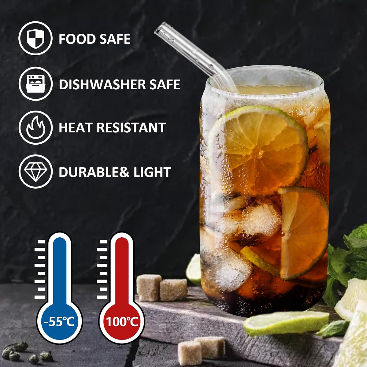 GIVAMEIHF 12 Pcs Glass Cups with Lids and Straws,16 oz Glass Tumbler Set Iced Coffee Glasses with Bamboo Lids and Glass Straws,Drinking Glasses Glass Coffee Cups for Soda,Juice,Coffee Bar,Gifts