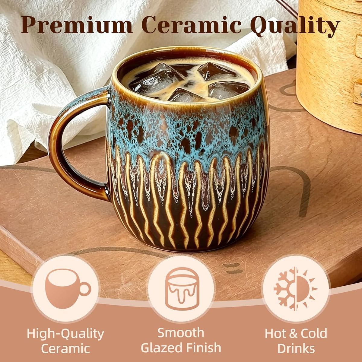 20oz Large Ceramic Coffee Mugs Unique Big Pottery Coffee Mug Microwave Safe Cool Stoneware Cups for Tea Latte Oversized Mug With Handle for Home Blue Wide Clay Mugs for Men Fancy Handmade Ceramic Cup