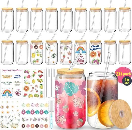 BGraceyy 16 oz 20-Pack Glass Cups with Lids and Straws + DIY Stickers, Reusable Tumblers Beer Can Drinking Glasses with Bamboo Lids and Straws, Cute Glass Coffee Cups with Lids for Iced & Hot Drinks