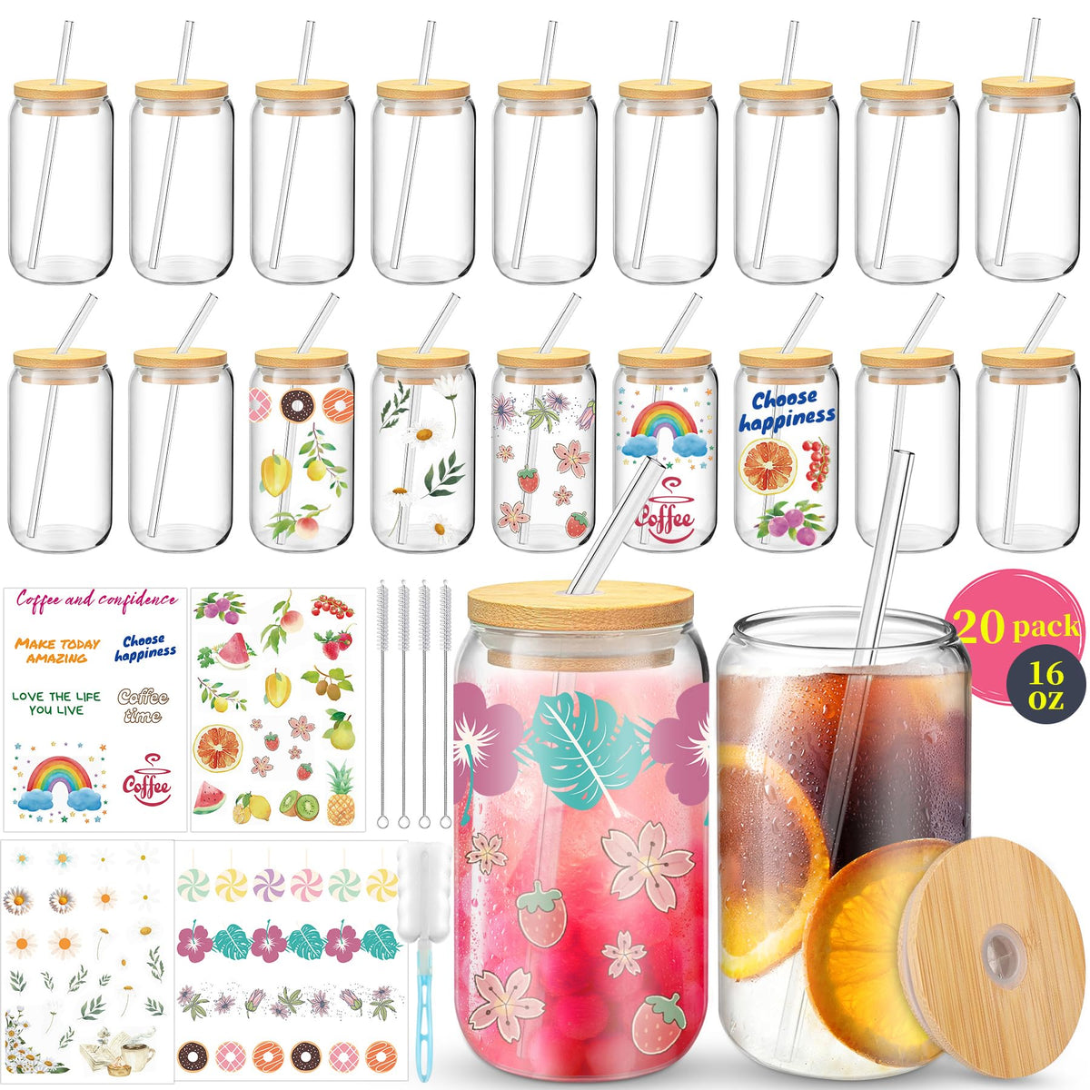 BGraceyy 16 oz 20-Pack Glass Cups with Lids and Straws + DIY Stickers, Reusable Tumblers Beer Can Drinking Glasses with Bamboo Lids and Straws, Cute Glass Coffee Cups with Lids for Iced & Hot Drinks