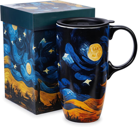 Topadorn 17oz Ceramic Travel Mug with Lid, Starry Night Inspired Coffee Mug