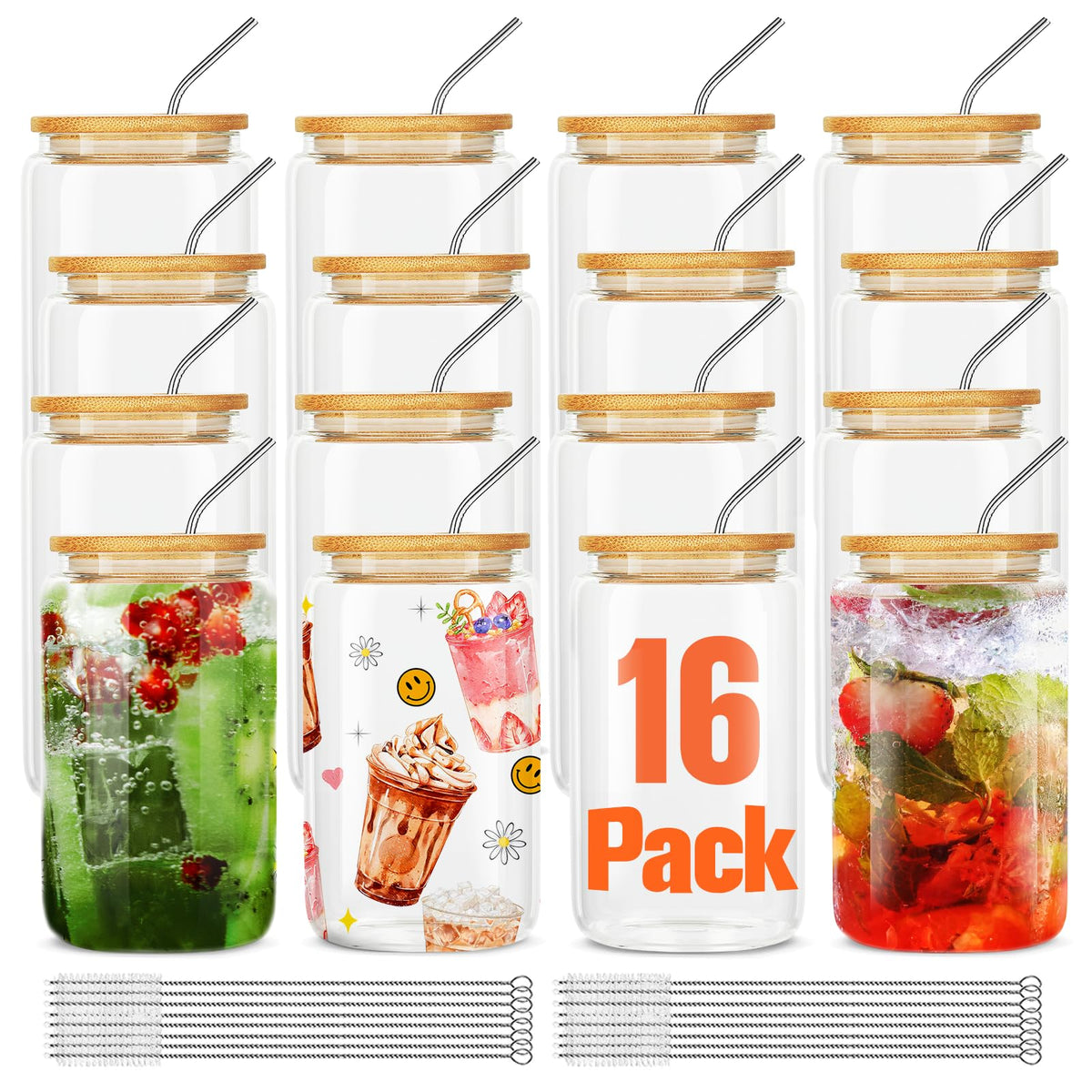ASKIZ 20Pcs Glass Cups With Bamboo Lids and Straws,16Oz Ice Coffee Cup,Drinking Glasses Cups Set,Water Bottles Glasses for Juicing,Beer,Coffee,Soda,Tea-Glass Tumbler Reusable for Gifts