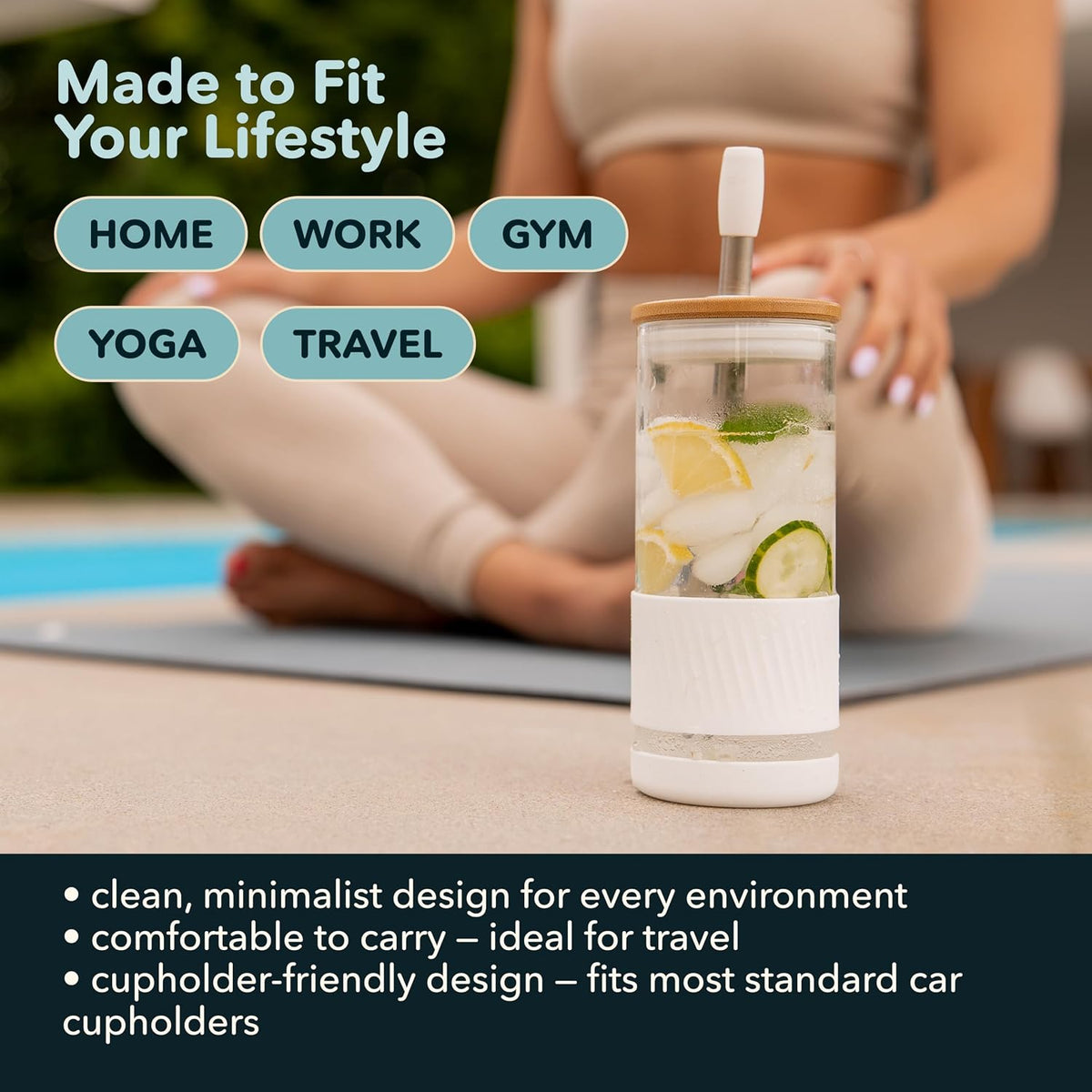Pandaloo® Glass Cups With Lids and Straws -20 Fl Oz- Perfect Size Iced Coffee Cup - Smoothie Cup With Bamboo Lid and On the go Lid (Creamy Mushroom, 1 Count (Pack of 1)