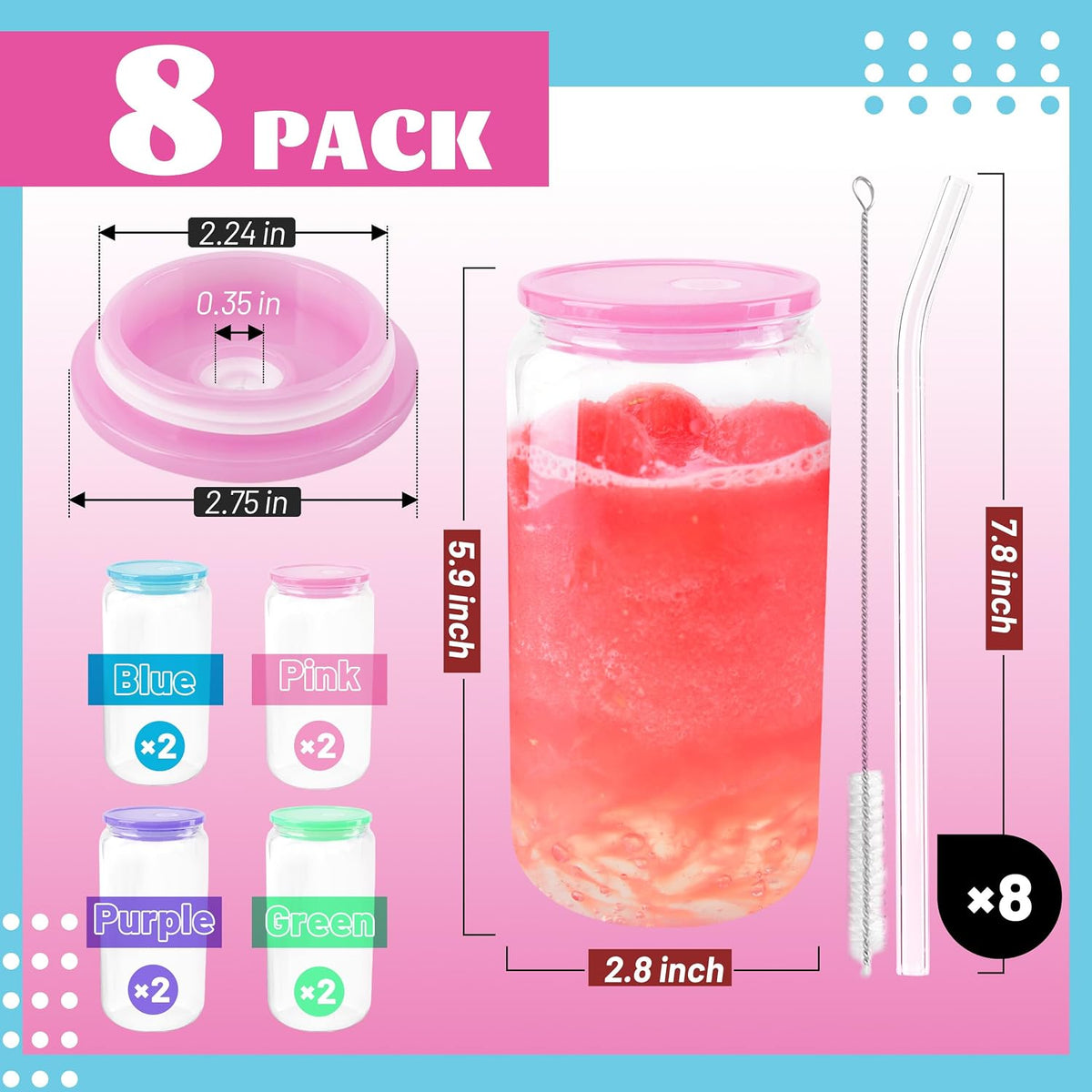 Joyclub 8pcs 16Oz Glass Cups with Acryic Lids and Straws Drinking Glasses
