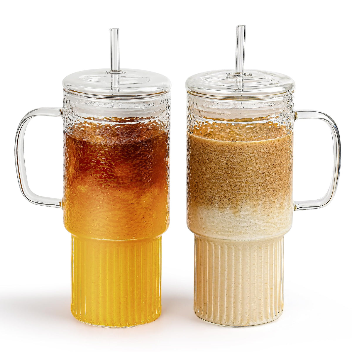 32oz Ribbed Borosilicate Glass Tumbler with Handle, Bamboo Lid and Straw (clear-1 Pack-Bamboo Lid)