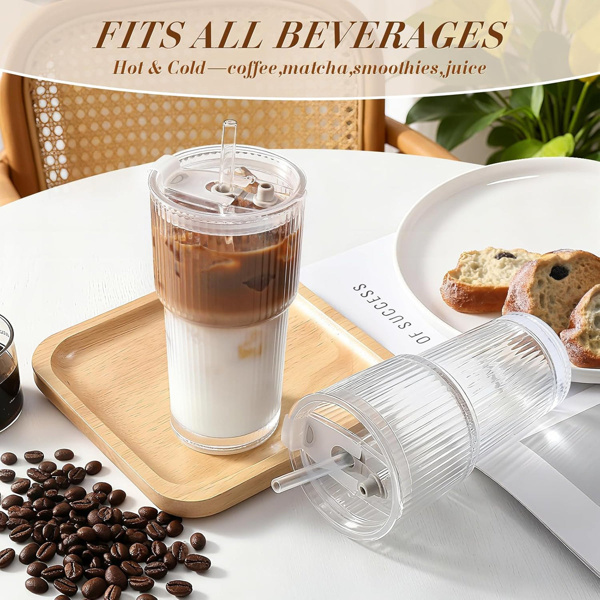 Iced Coffee Cups with Lids,Glass Cups with Lids and Straws,2 Coffee Tumbler