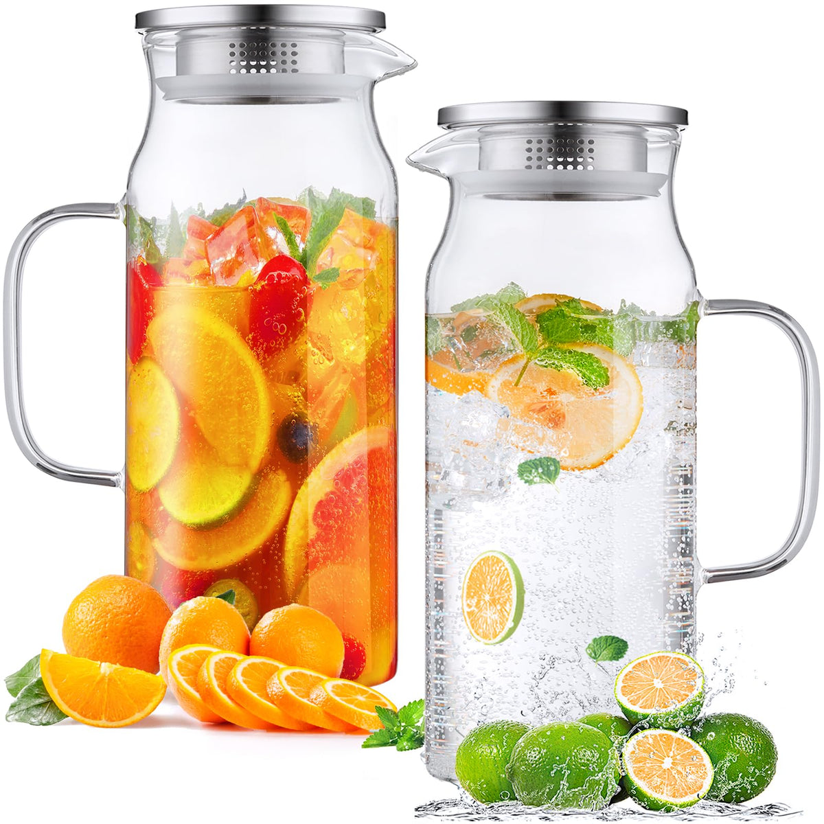 Bivvclaz 2 Liter 68 oz Glass Pitcher with Lid and Handle, Glass Carafe for Hot/Cold Water, Large Iced Tea Pitcher for Coffee, Juice and Homemade Beverage