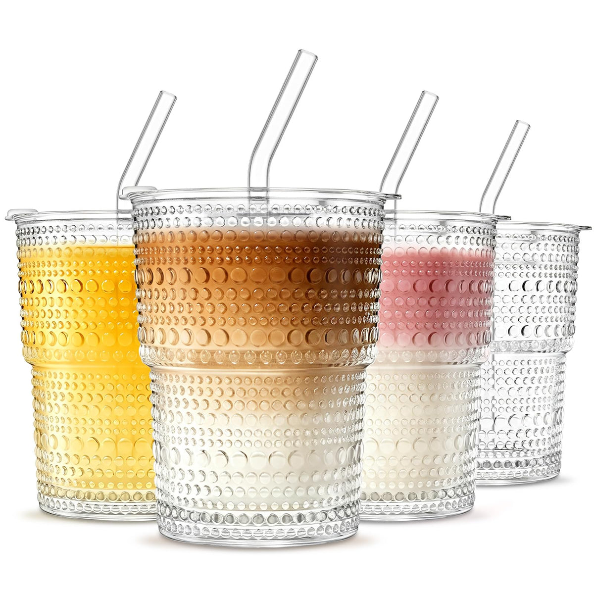 INSETLAN 20 oz Hobnail Glass Cups with Lids and Glass Straws – 4 Pieces, Thick-Walled Glass Tumblers for Iced Coffee, Smoothies, Milk, Water, Juice, and More – Elegant and Durable Drinking Glasses