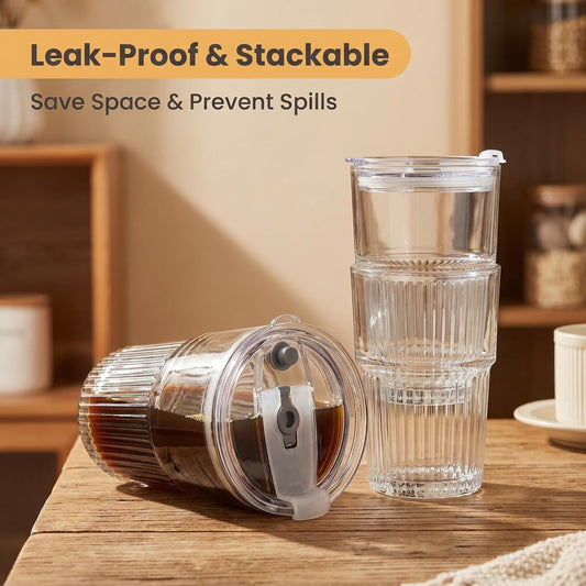 Glass Tumbler with Straw and Lid 16 oz Ribbed Glass Coffee Cups