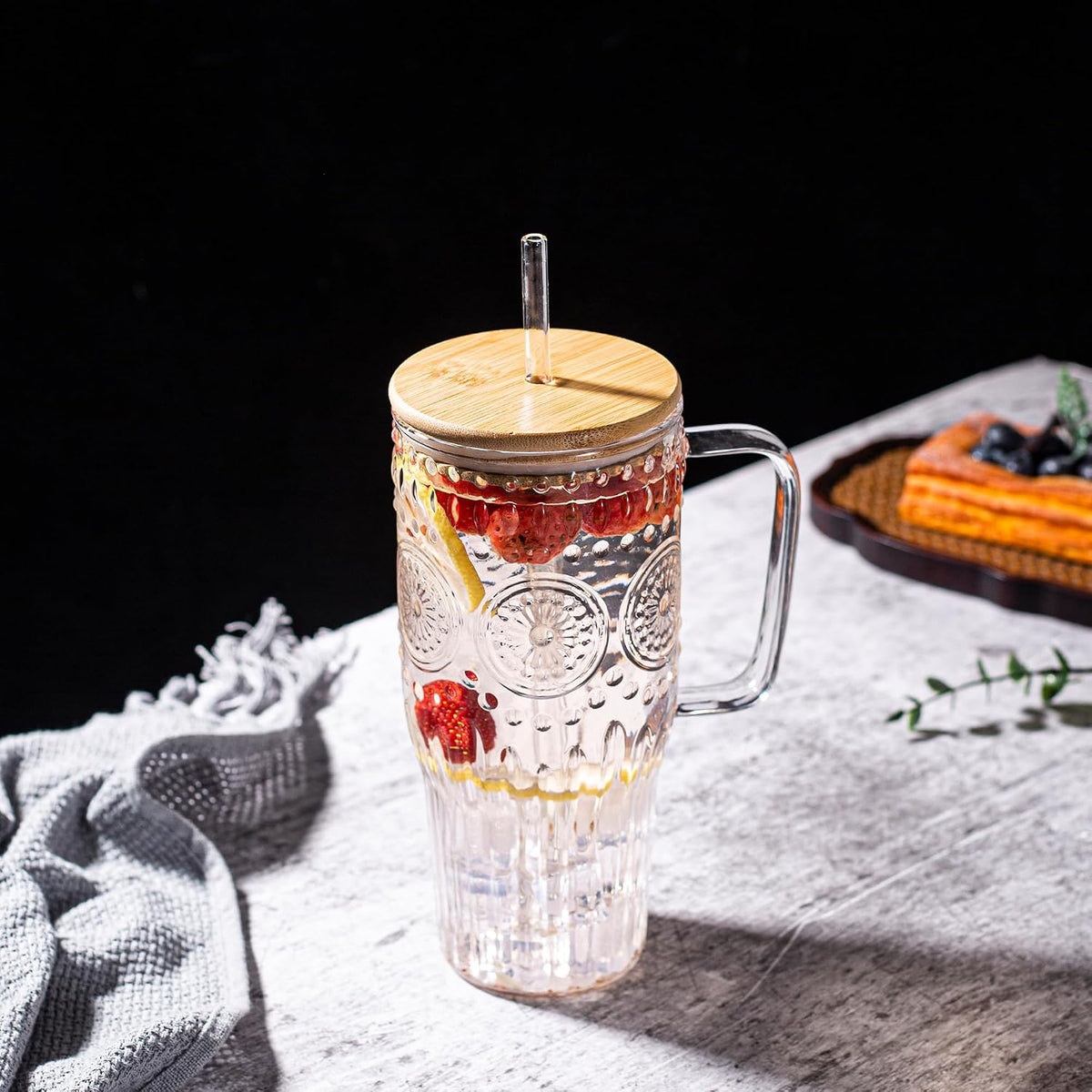 Bandesun 32oz Vintage Glass Cup with Handle with Bamboo Lids and Straws - Borosilicate Glass Tumbler for Hot and Cold drinks