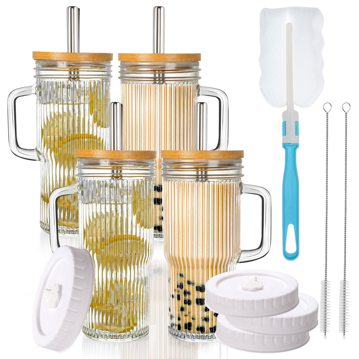 Birity 24oz Glass Tumbler with/Lid & Straw, Handle 2‑Pack Iced Coffee Cups