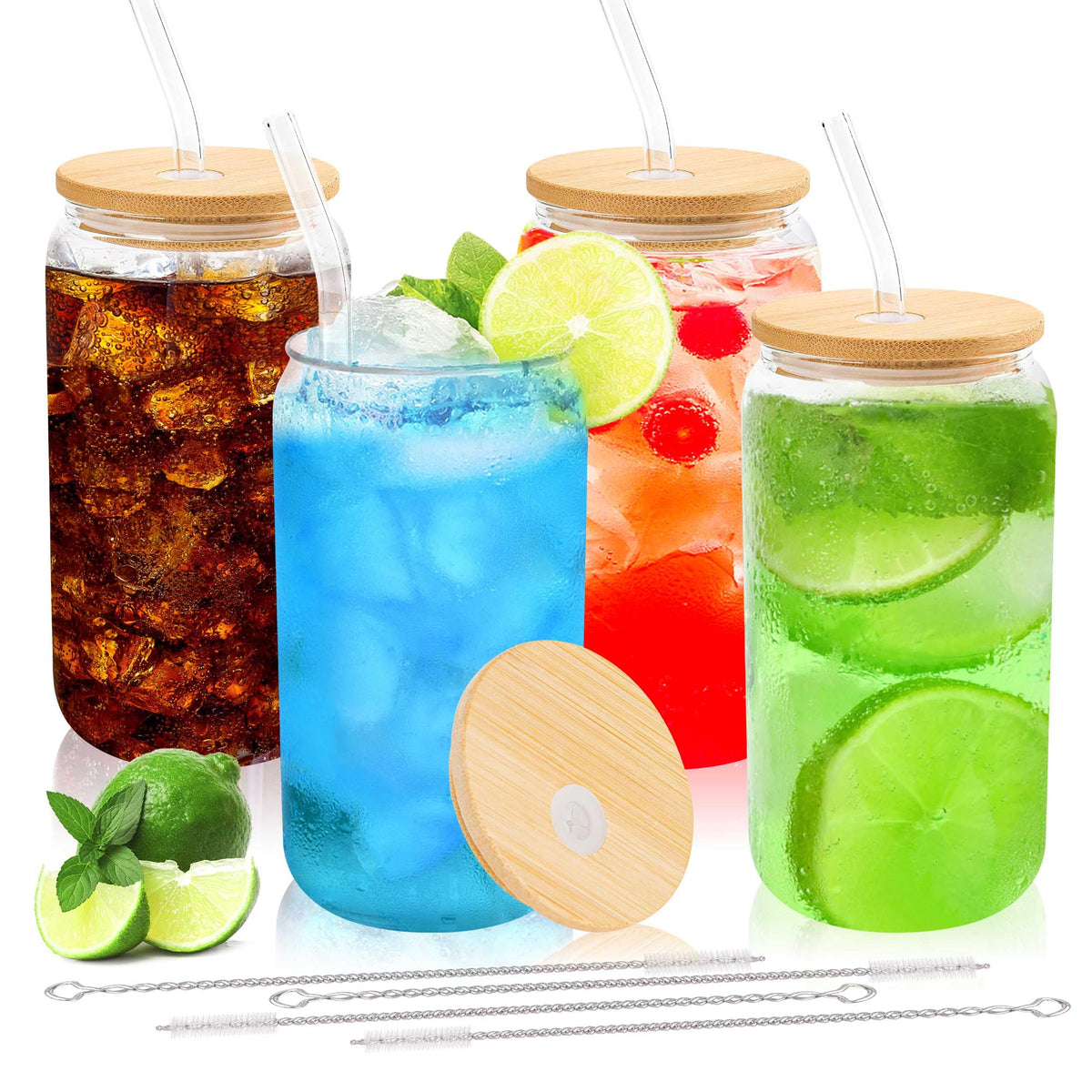 Joyclub 8pcs 16Oz Glass Cups with Bamboo Lids and Straws Drinking Glasses