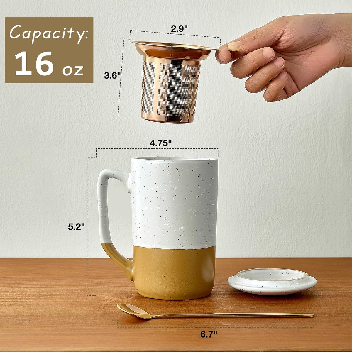 Gencywe Ceramics Large Tea Cup with Loose Leaf Infuser, Spoon and Lid, 16 oz Tall Coffee Mug, Microwave and Dishwasher Safe, Rustic Matte Ceramic Glaze, Tea Strainer, Amber