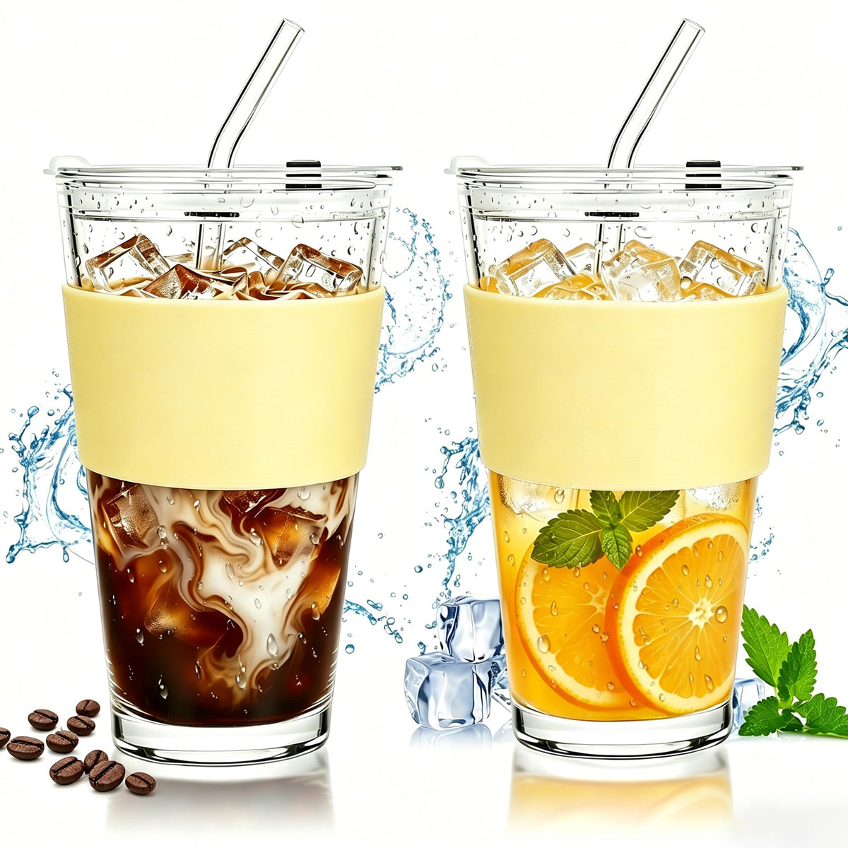 Birity 24oz Glass Tumbler with/Lid & Straw, Handle 2‑Pack Iced Coffee Cups