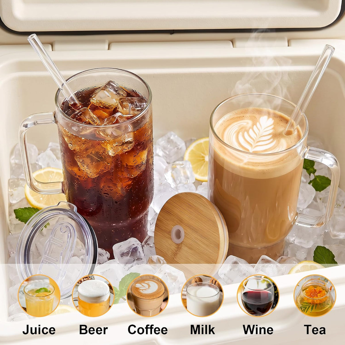Glass Tumbler with Handle, 40 oz, 2 Pack, with Plastic Lid